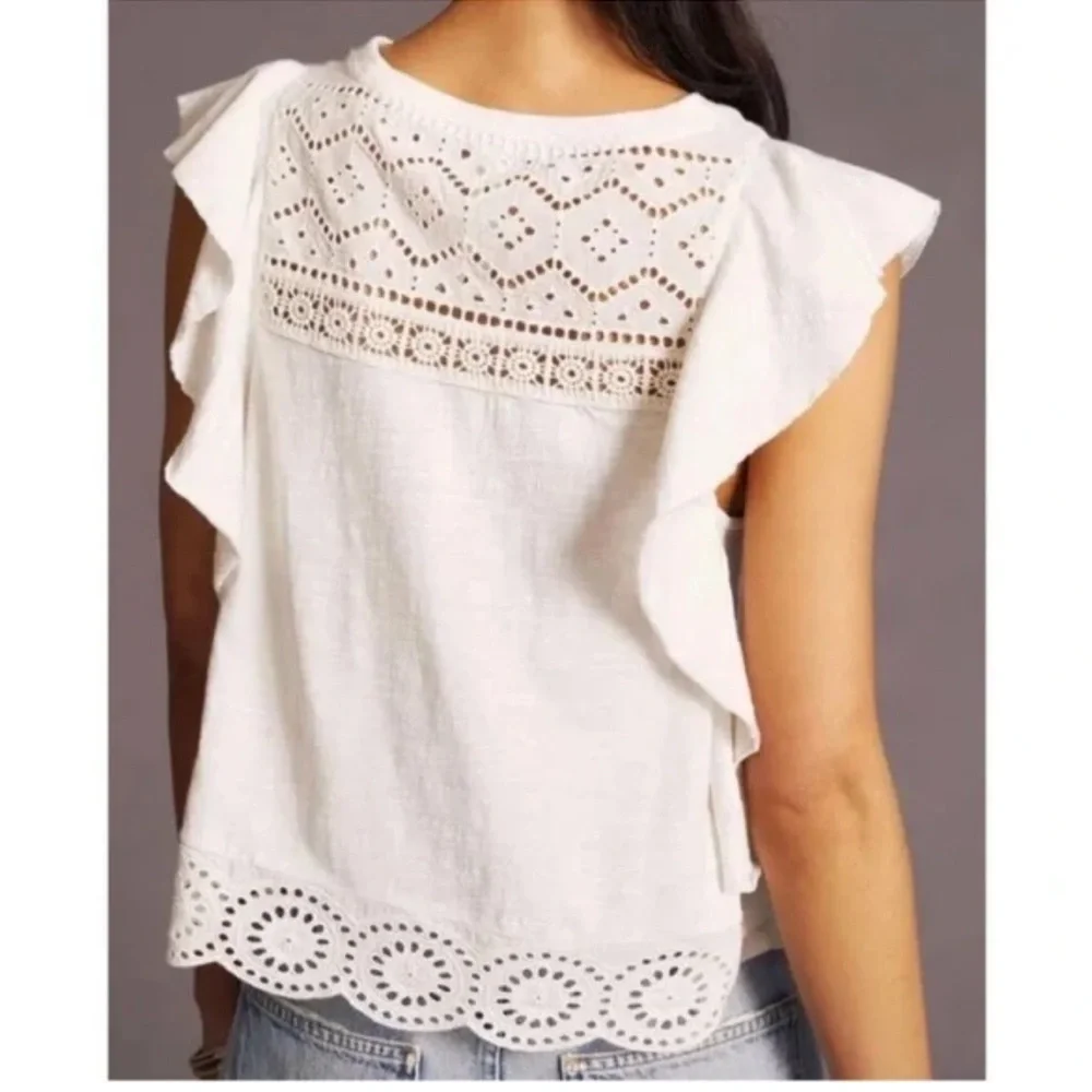 Anthropologie White Sustainable Lace Eyelet Blouse Large - Picture 4 of 8